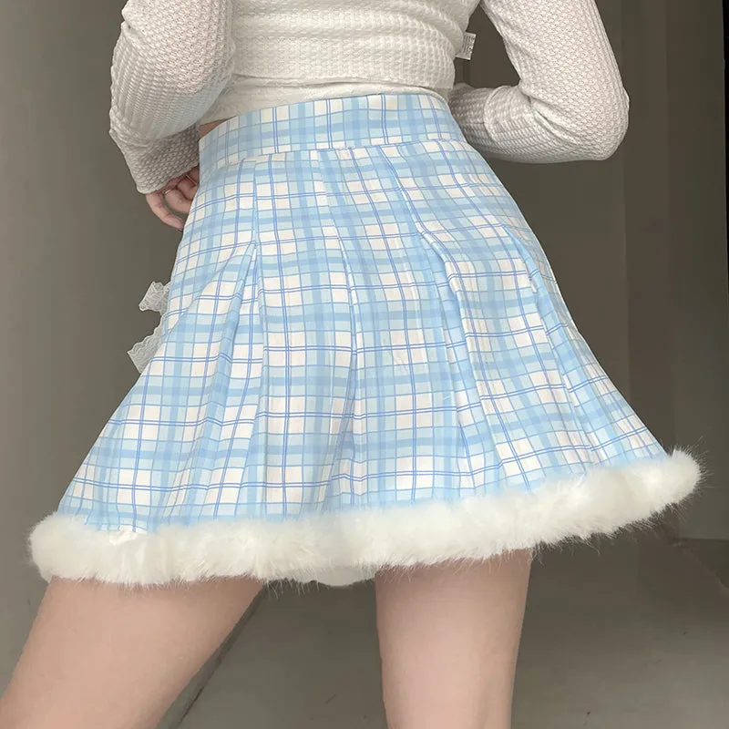 Amozae-  Y2K Plaid Print Pleated Skirt High-waisted Lace Up Feather Patchwork Kawaii A Line Short Skirts Pink Lolita Japanese