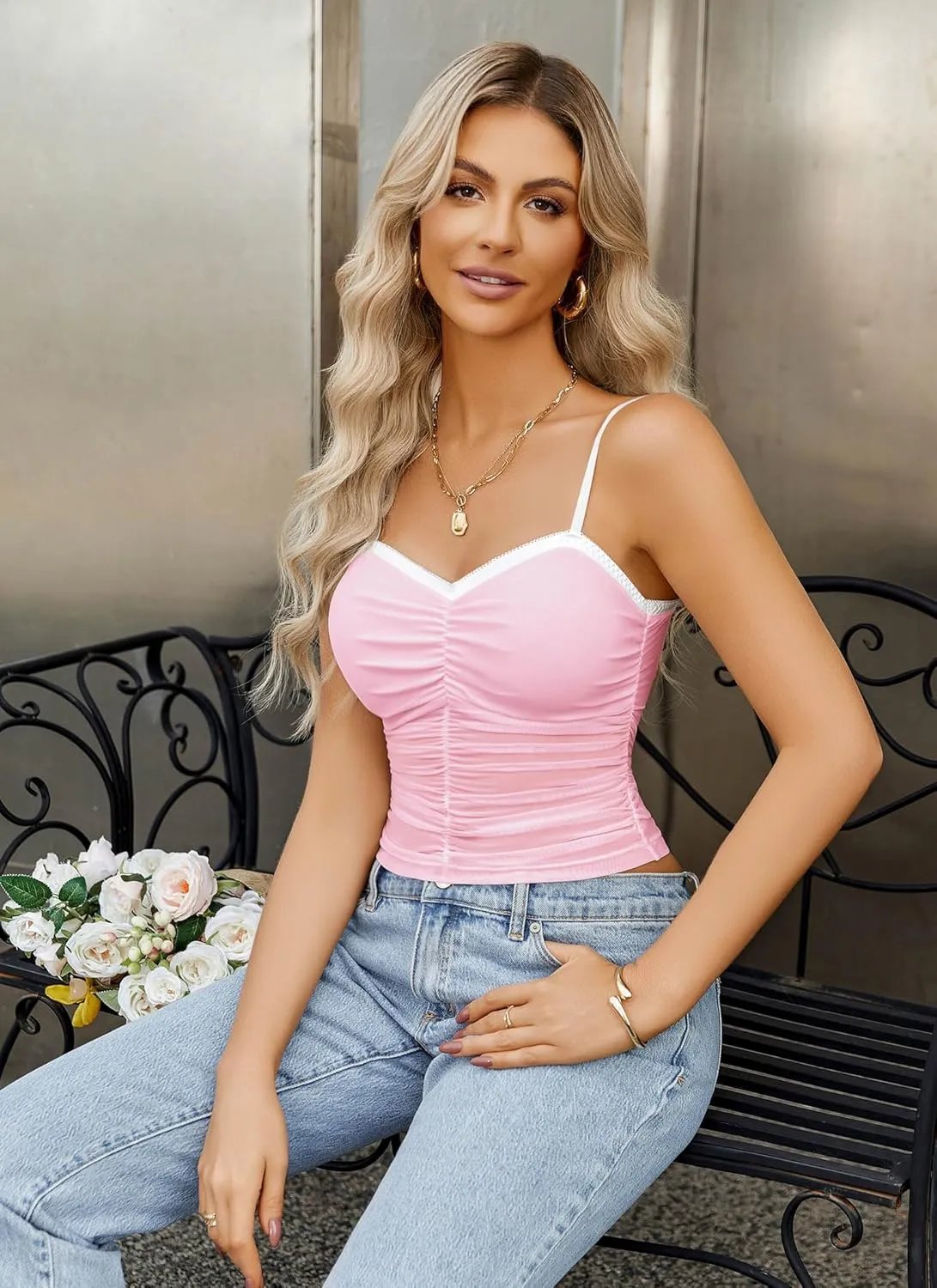 Avidlove Sexy Tops for Women Y2K Tank Top Sleeveless Camisole Cami Mesh Crop Trendy Ruched Going Out Tops