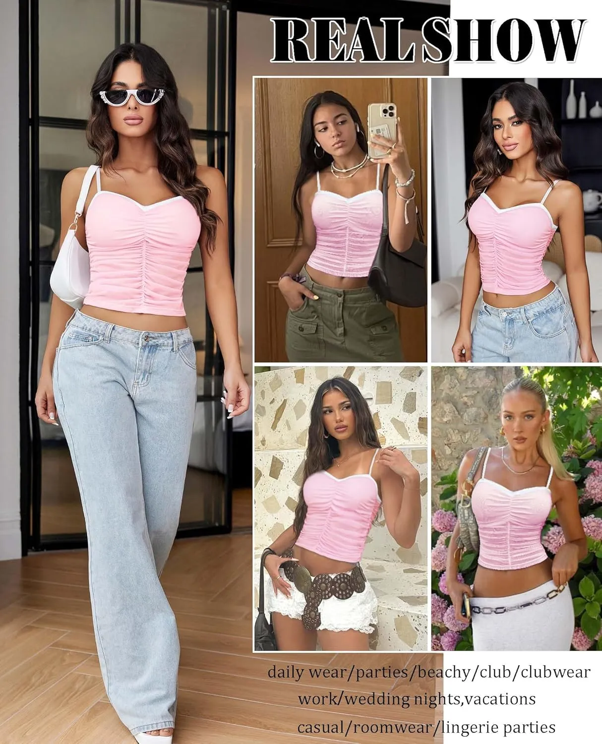 Avidlove Sexy Tops for Women Y2K Tank Top Sleeveless Camisole Cami Mesh Crop Trendy Ruched Going Out Tops