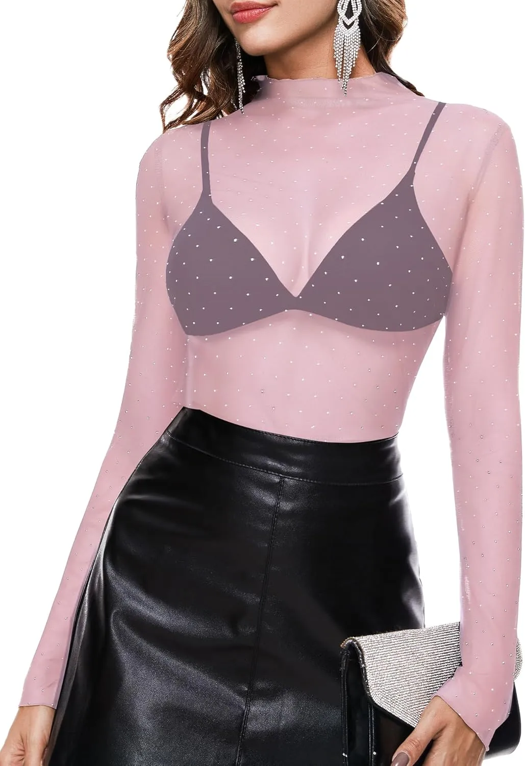 BBX Lephsnt Womens Sheer Mesh Layering Top Sparkle Long Sleeve Shirts Mock Neck See Through Tee Shirt