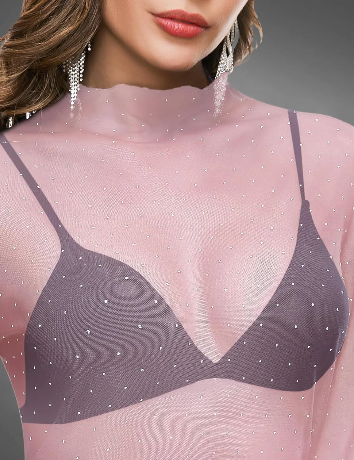 BBX Lephsnt Womens Sheer Mesh Layering Top Sparkle Long Sleeve Shirts Mock Neck See Through Tee Shirt