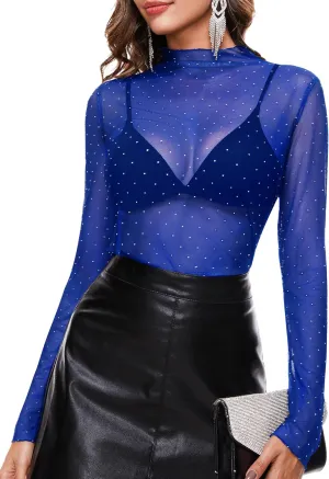 BBX Lephsnt Womens Sheer Mesh Layering Top Sparkle Long Sleeve Shirts Mock Neck See Through Tee Shirt