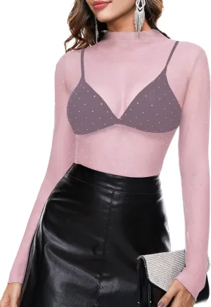 BBX Lephsnt Womens Sheer Mesh Layering Top Sparkle Long Sleeve Shirts Mock Neck See Through Tee Shirt