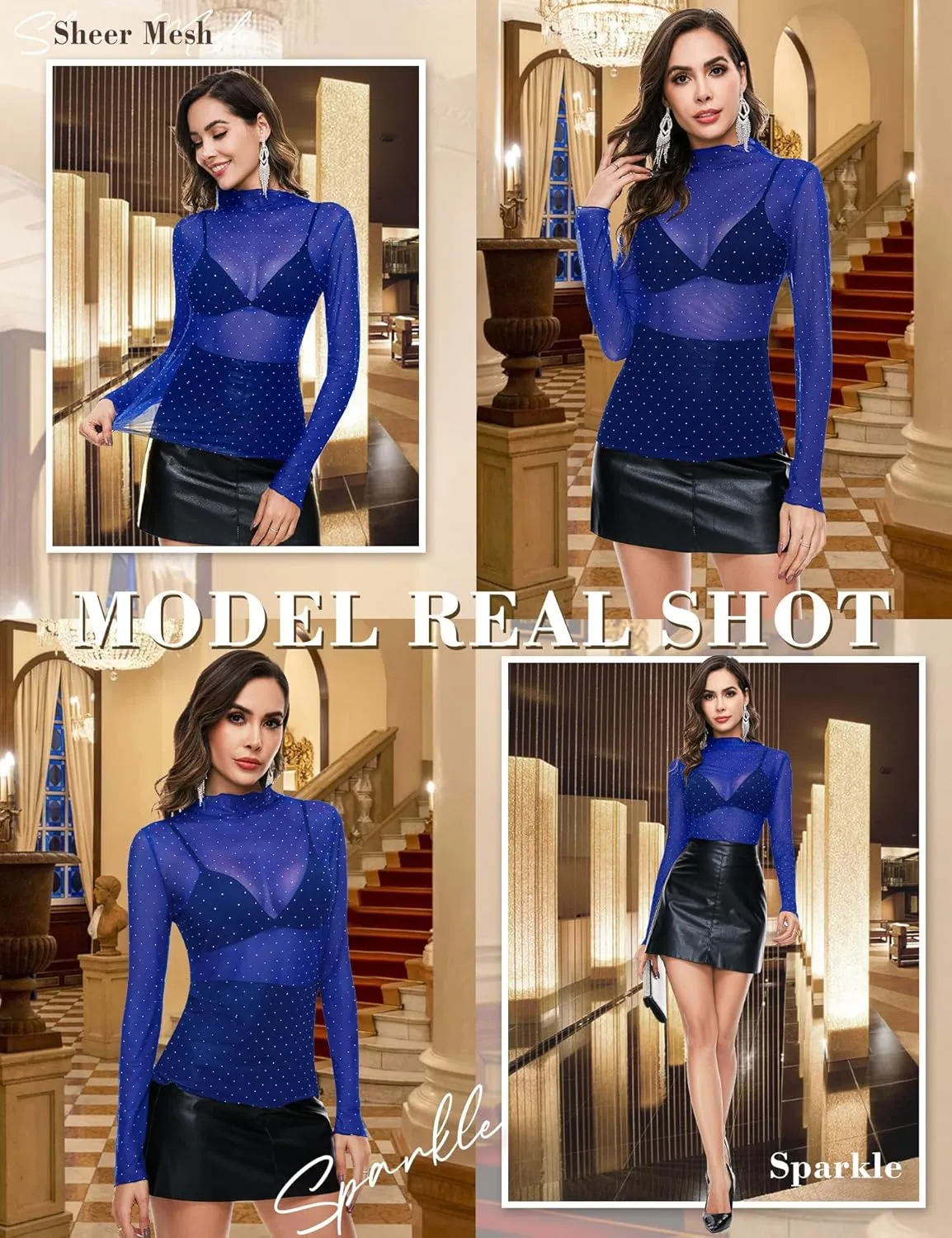 BBX Lephsnt Womens Sheer Mesh Layering Top Sparkle Long Sleeve Shirts Mock Neck See Through Tee Shirt