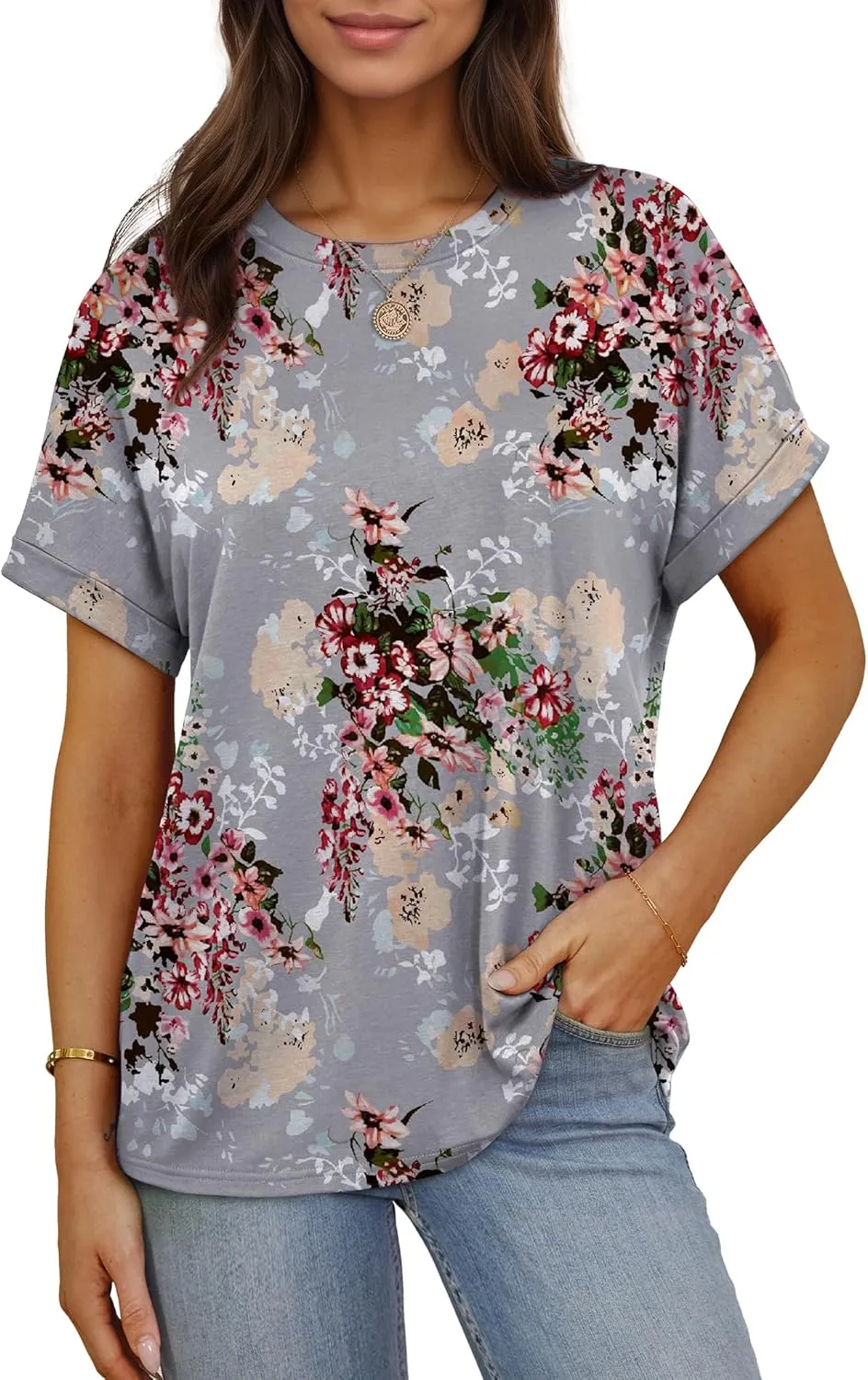 Besshopie Women's Oversized T Shirts Short Sleeve Crewneck Summer Tops Casual Loose Basic Tee Shirts 2025 Trendy Clothes