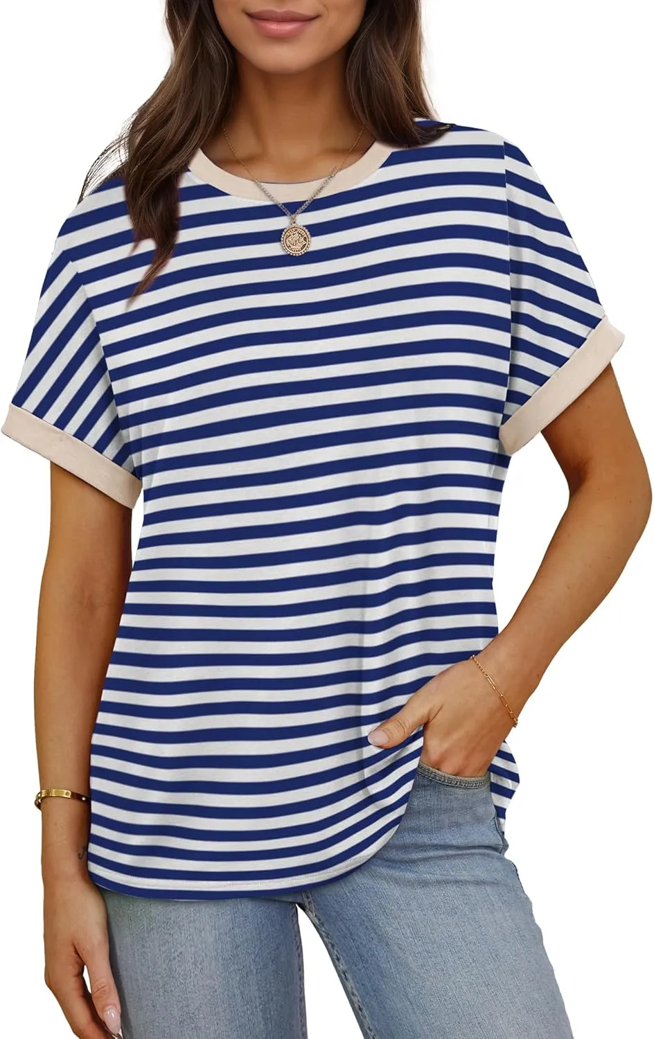 Besshopie Women's Oversized T Shirts Short Sleeve Crewneck Summer Tops Casual Loose Basic Tee Shirts 2025 Trendy Clothes