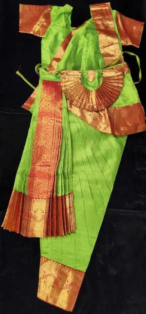 Bharatnatyam Dress | Parrot Green with Red | Silk cotton with contrast Border | Readymade Dance Costume