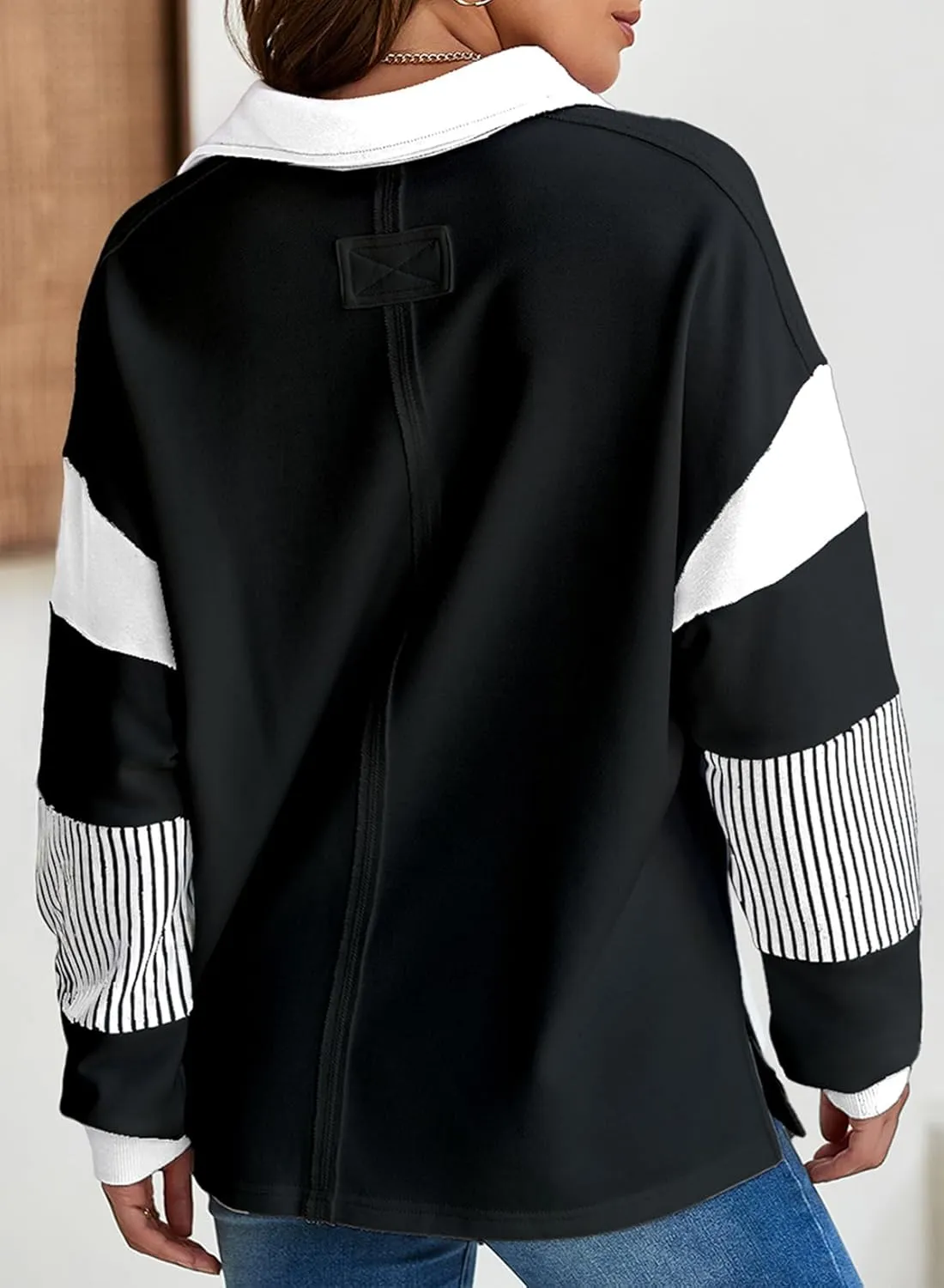 BLENCOT Women Oversized Sweatshirts Color Block Long Sleeve Loose V Neck Fall Outfits 2024 Fashion Slit Pullover