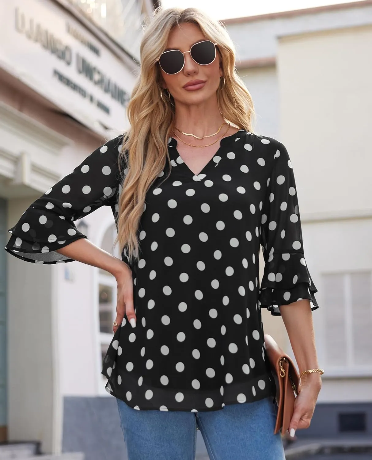 Blouse for Women Dressy Casual Spring Summer 3/4 Ruffle Sleeve Tops Double Layered Business Casual Tunic Work Shirts