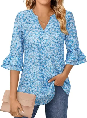 Blouse for Women Dressy Casual Spring Summer 3/4 Ruffle Sleeve Tops Double Layered Business Casual Tunic Work Shirts