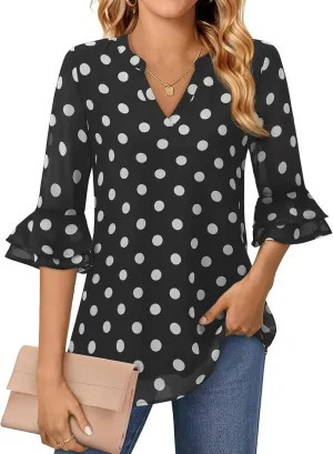 Blouse for Women Dressy Casual Spring Summer 3/4 Ruffle Sleeve Tops Double Layered Business Casual Tunic Work Shirts