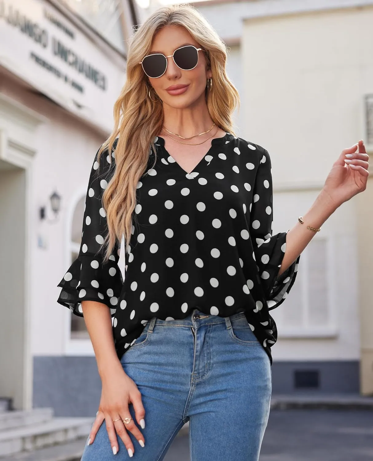 Blouse for Women Dressy Casual Spring Summer 3/4 Ruffle Sleeve Tops Double Layered Business Casual Tunic Work Shirts