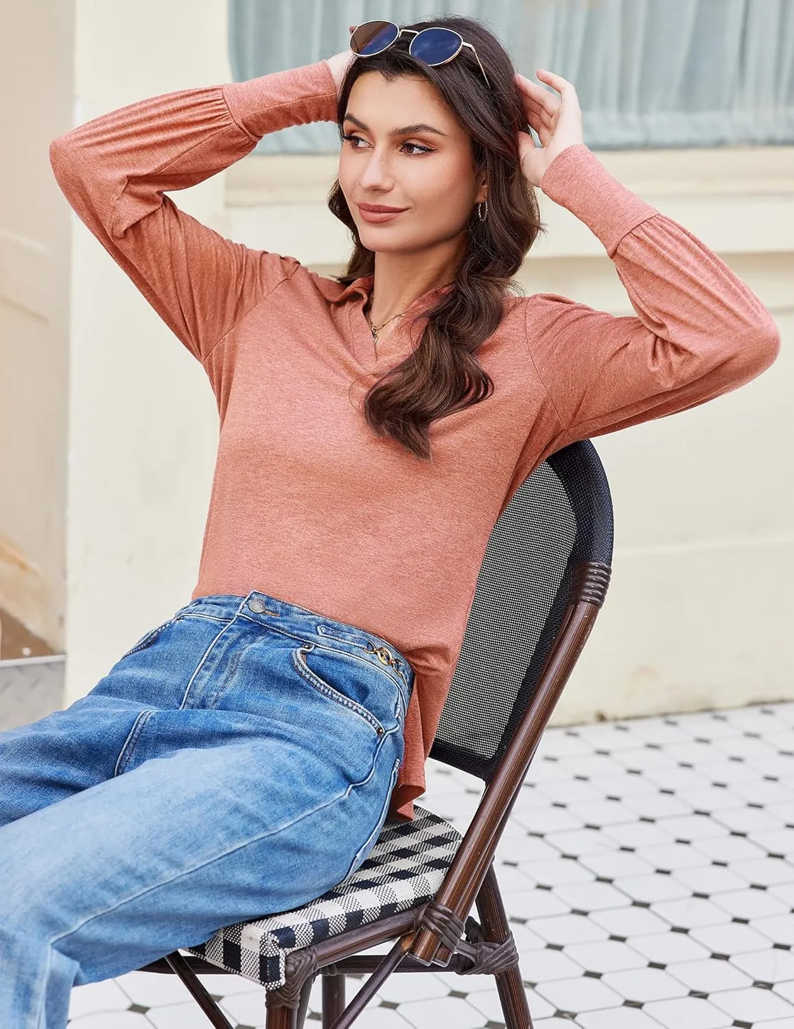 Blouses for Women Dressy Collared V Neck Puff Long Sleeve Tops Tunic Loose Business Casual Tops Polo Shirts