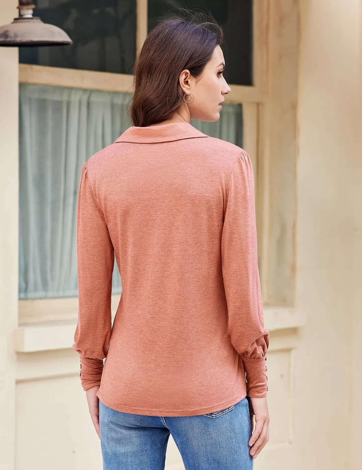 Blouses for Women Dressy Collared V Neck Puff Long Sleeve Tops Tunic Loose Business Casual Tops Polo Shirts