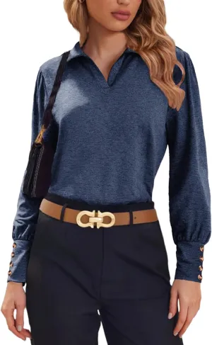 Blouses for Women Dressy Collared V Neck Puff Long Sleeve Tops Tunic Loose Business Casual Tops Polo Shirts