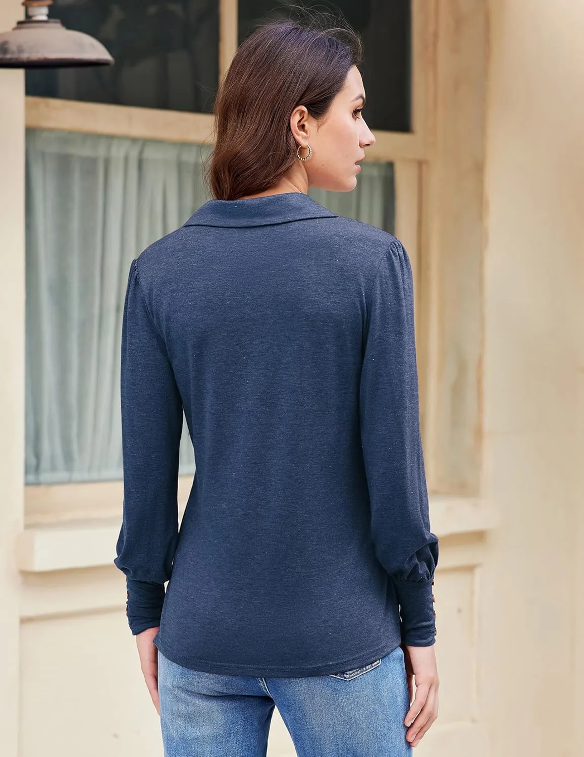 Blouses for Women Dressy Collared V Neck Puff Long Sleeve Tops Tunic Loose Business Casual Tops Polo Shirts