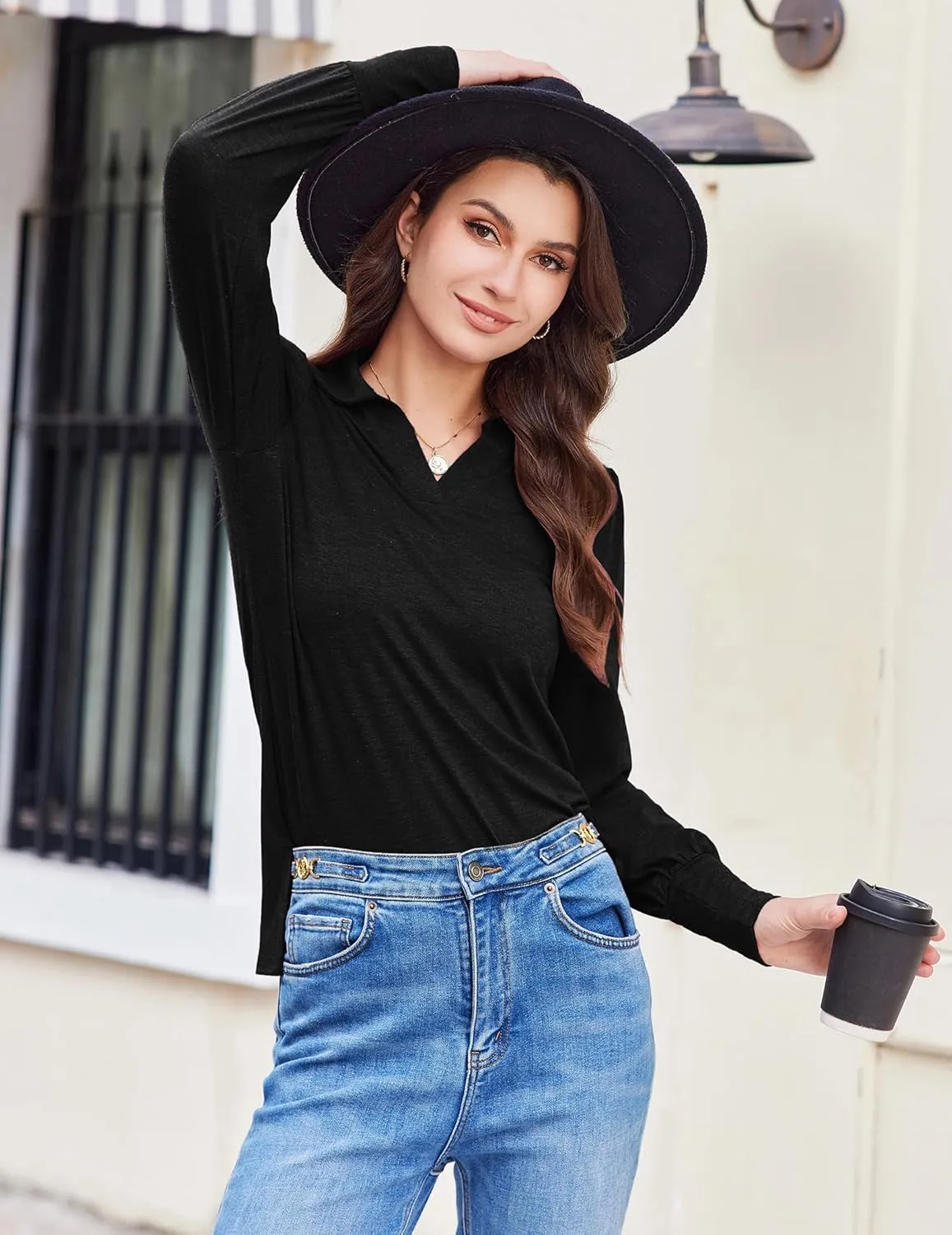 Blouses for Women Dressy Collared V Neck Puff Long Sleeve Tops Tunic Loose Business Casual Tops Polo Shirts