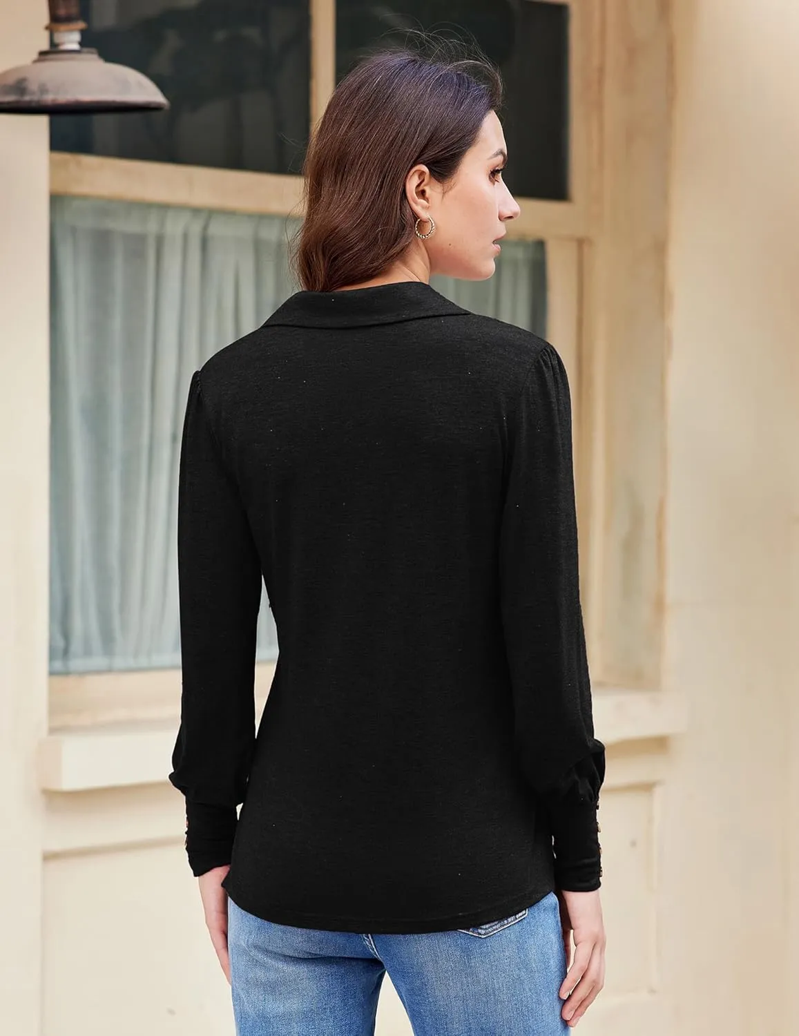 Blouses for Women Dressy Collared V Neck Puff Long Sleeve Tops Tunic Loose Business Casual Tops Polo Shirts