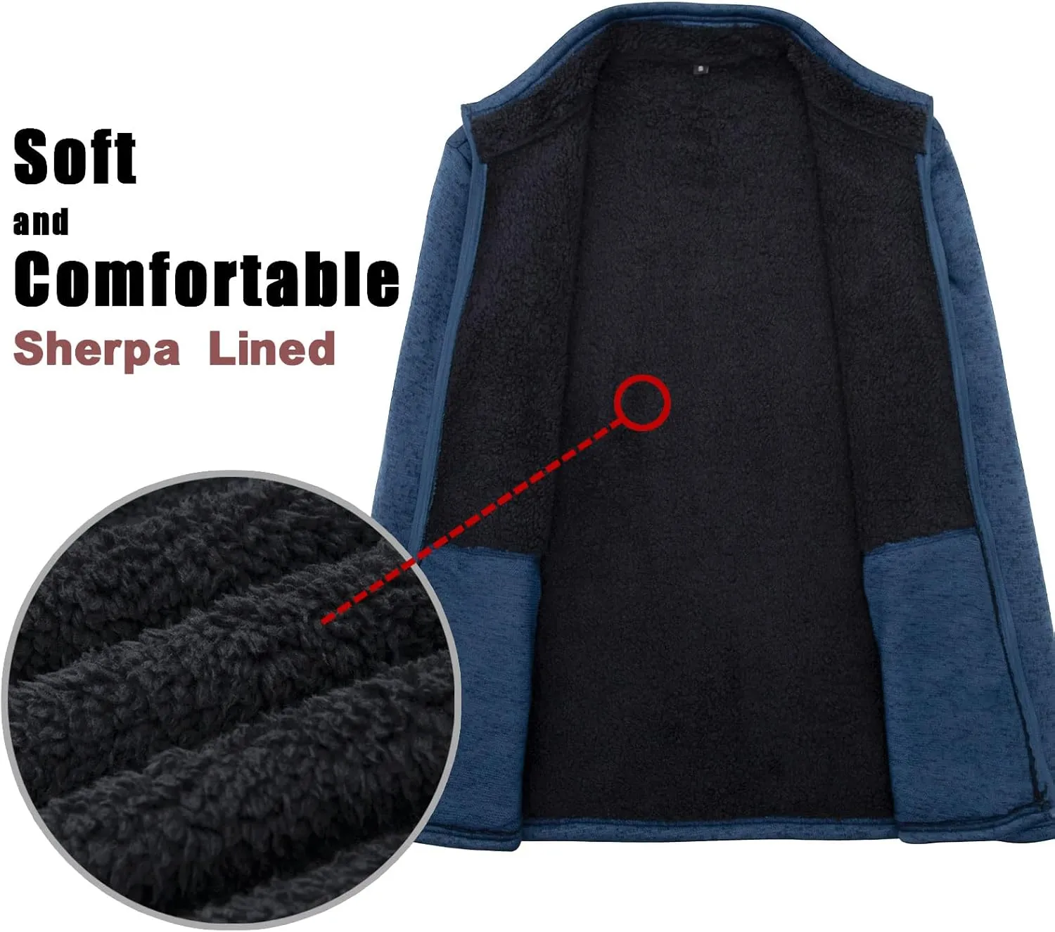 Bonnorth Men's Long Sleeve Sweater Fleece Jacket, Sherpa Lined Full Zip Windproof Outerwear with Zip Pocket