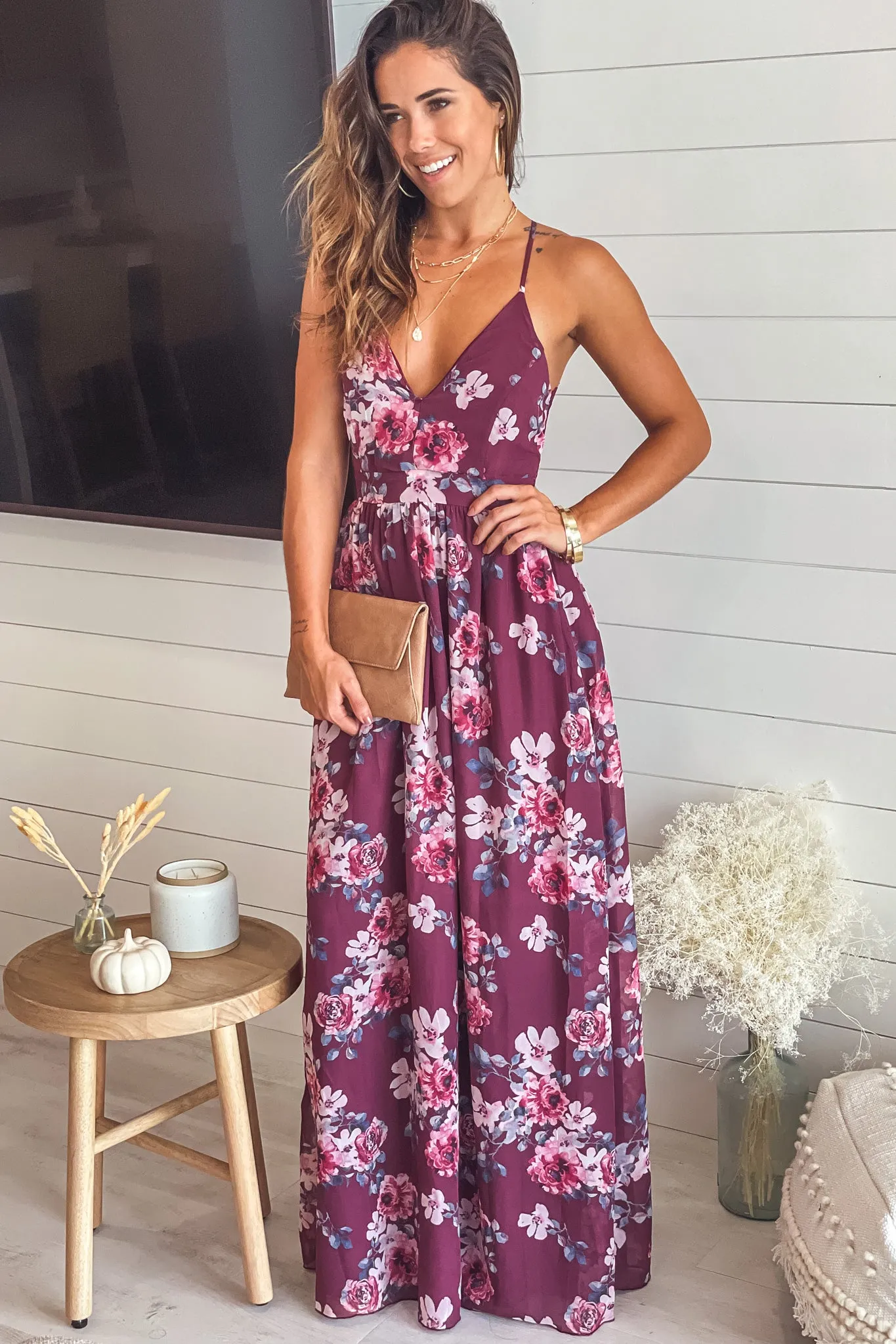 Burgundy Floral Maxi Dress With Lace Back