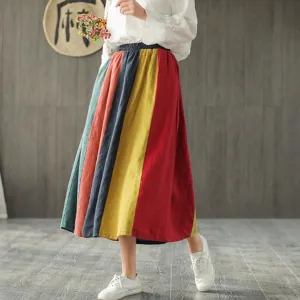 Color Contrast Vintage Pleated Linen Skirt