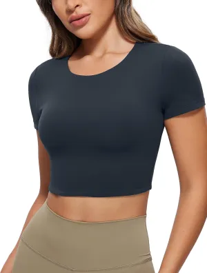 CRZ YOGA Womens Butterluxe Double Lined Short Sleeve Crop Tops Crew Neck Casual Workout T-Shirt Cute Basic Tee