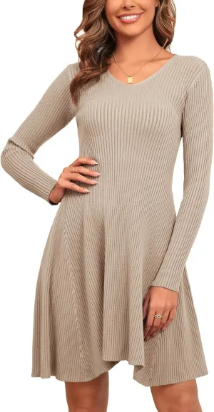 CYCLAMEN 2023 Women's Ribbed Knit Sweater Mini Dress A-Line V Neck Long Sleeve Short Dress Winter Fall