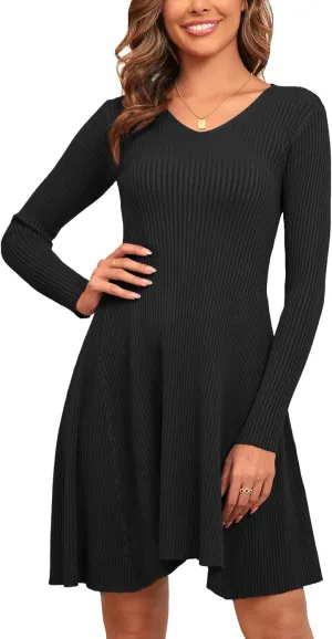 CYCLAMEN 2023 Women's Ribbed Knit Sweater Mini Dress A-Line V Neck Long Sleeve Short Dress Winter Fall