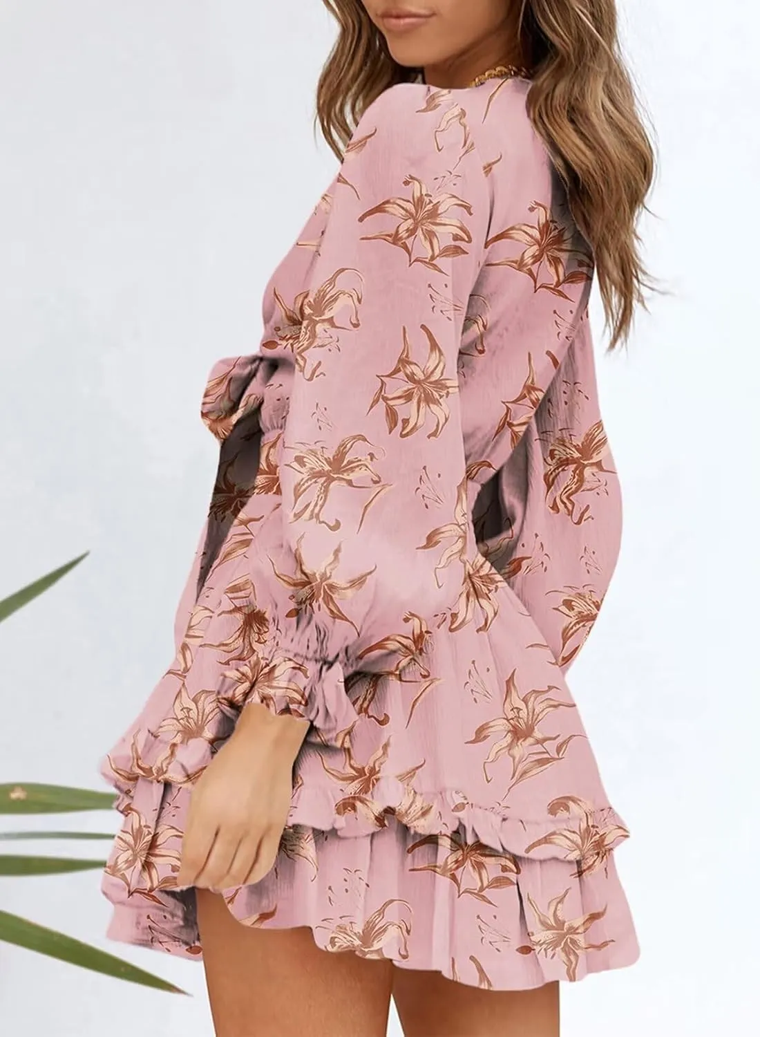 Dokotoo Womens Casual Spring Summer 2025 Deep V Neck Knotted Tiered Chiffon Elegant Mini Short Swing Skater Dresses
