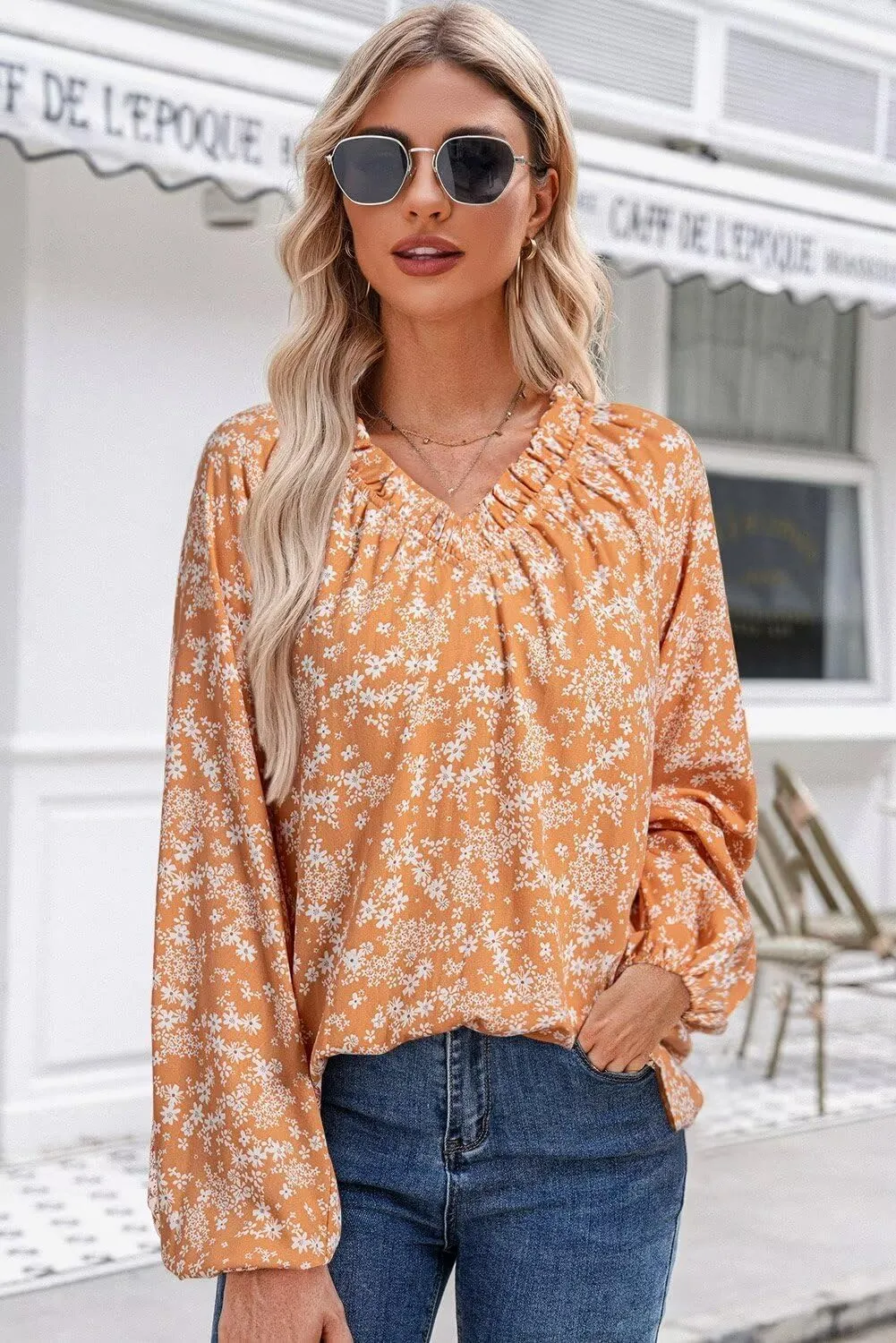 Dokotoo Womens Tops Fall Outfits for Women 2024 Casual Floral Print V Neck Flowy Smocked Puff Long Sleeve Shirt Loose Blouse