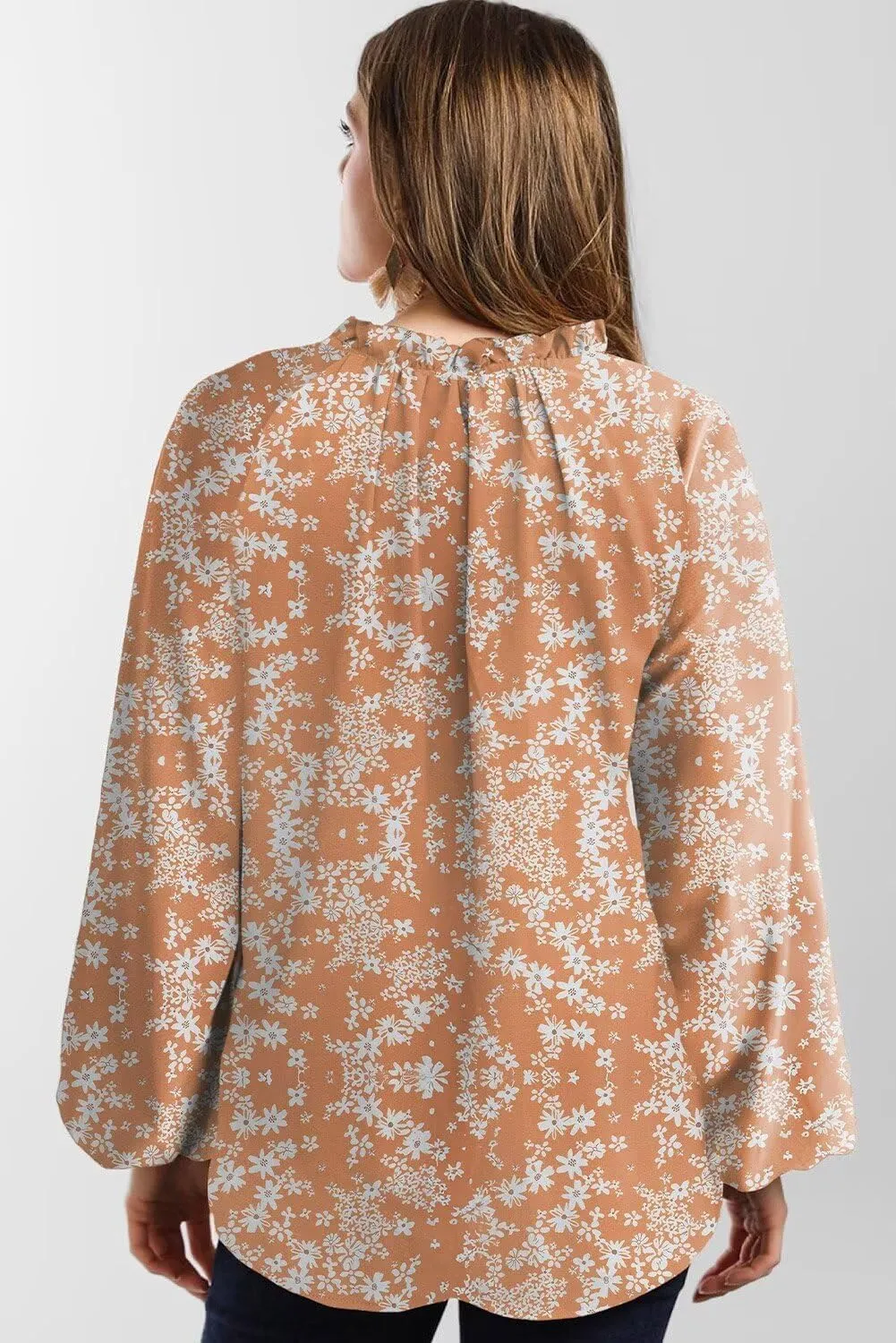 Dokotoo Womens Tops Fall Outfits for Women 2024 Casual Floral Print V Neck Flowy Smocked Puff Long Sleeve Shirt Loose Blouse