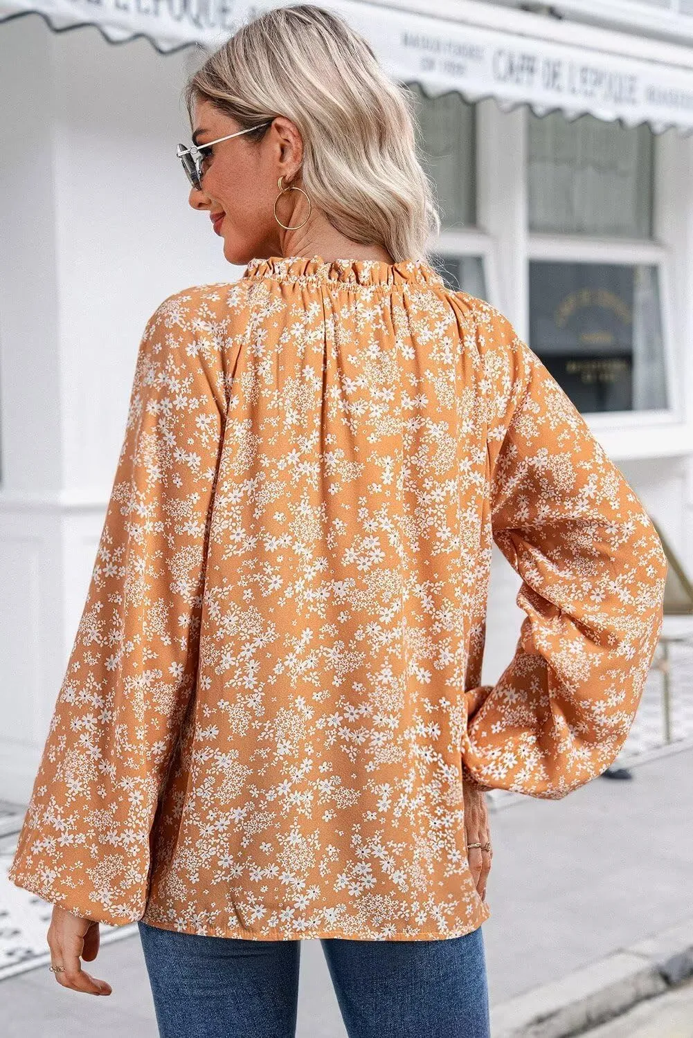 Dokotoo Womens Tops Fall Outfits for Women 2024 Casual Floral Print V Neck Flowy Smocked Puff Long Sleeve Shirt Loose Blouse