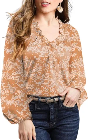 Dokotoo Womens Tops Fall Outfits for Women 2024 Casual Floral Print V Neck Flowy Smocked Puff Long Sleeve Shirt Loose Blouse