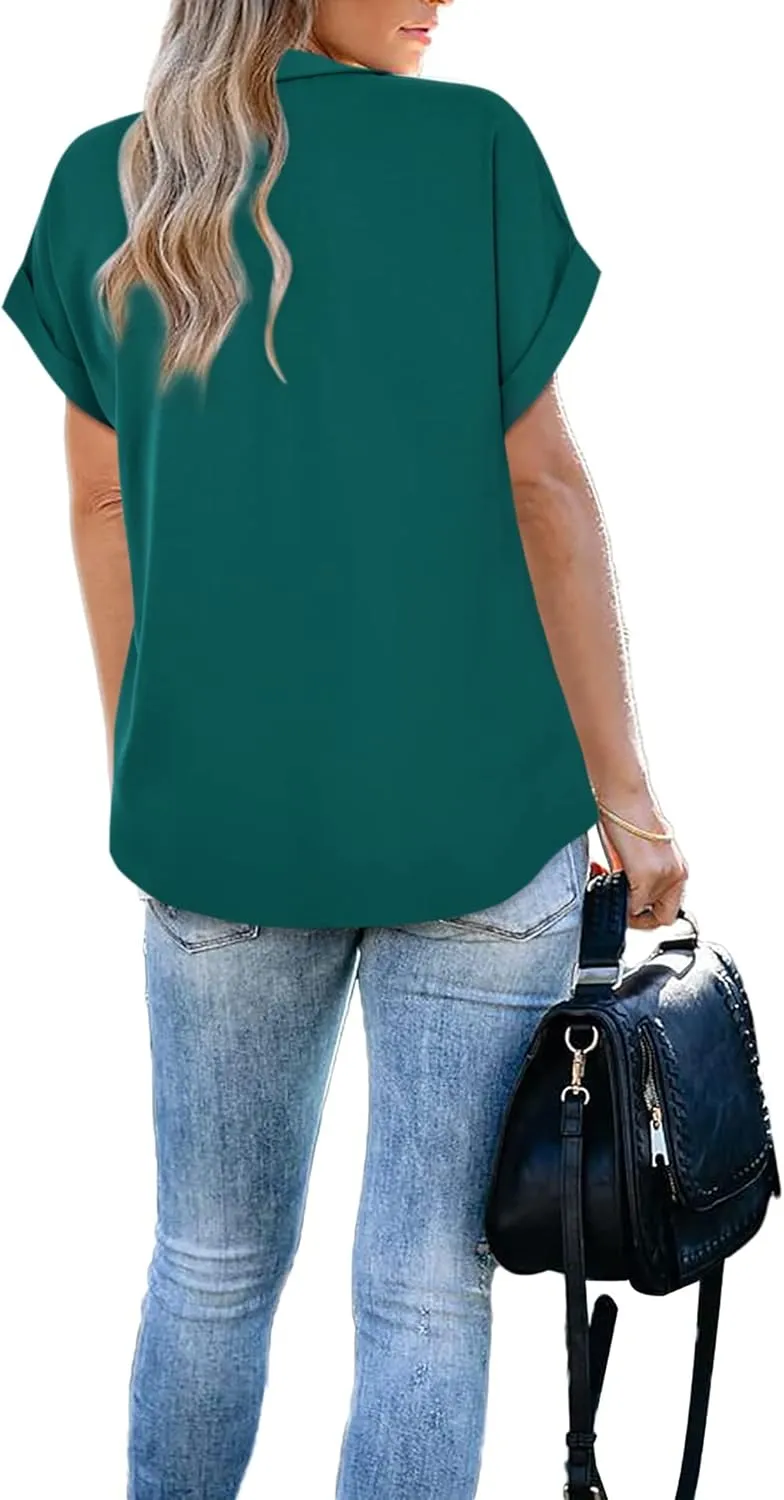 Gaharu Women's Summer Work Blouse V Neck Short Sleeve Lapel Shirt Top Tunic