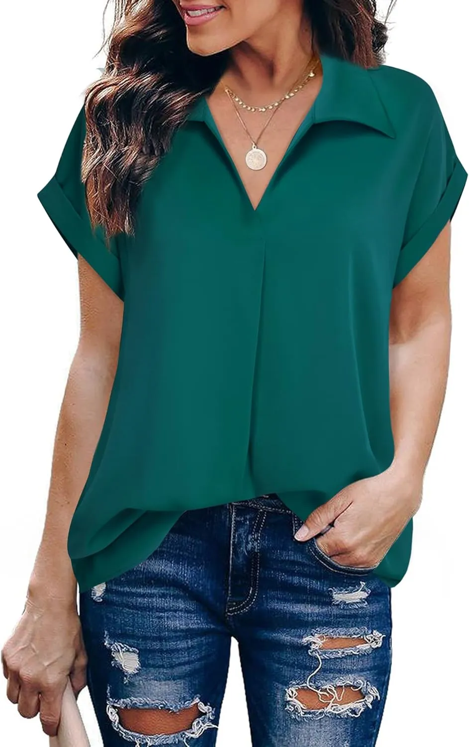 Gaharu Women's Summer Work Blouse V Neck Short Sleeve Lapel Shirt Top Tunic