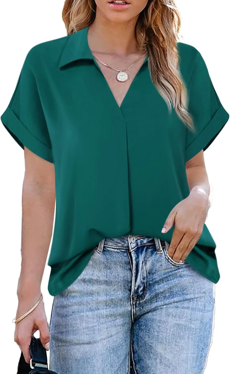 Gaharu Women's Summer Work Blouse V Neck Short Sleeve Lapel Shirt Top Tunic