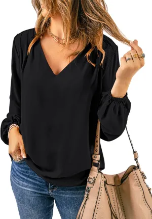 GRAPENT Womens Business Causal Tops for Women Ladies Work Blouses Dressy Long Sleeve Pleated V Neck