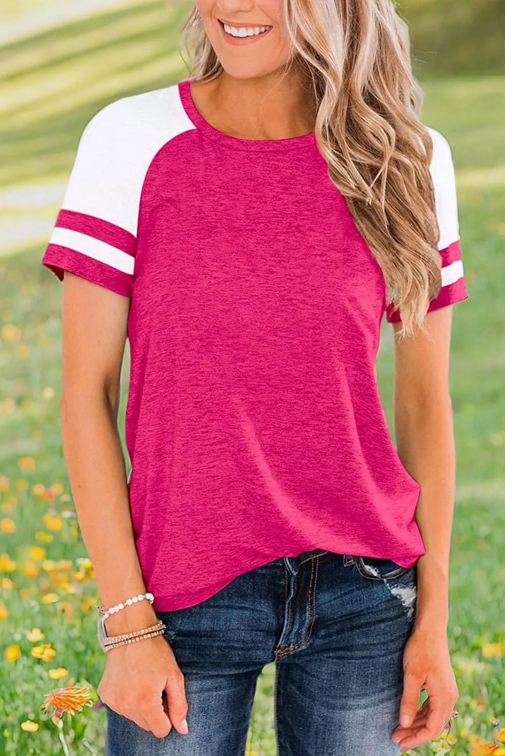 Heymiss Womens Shirts Casual Tunic Tops Color Block Crewneck Summer Loose Fitting Workout Tee Shirts