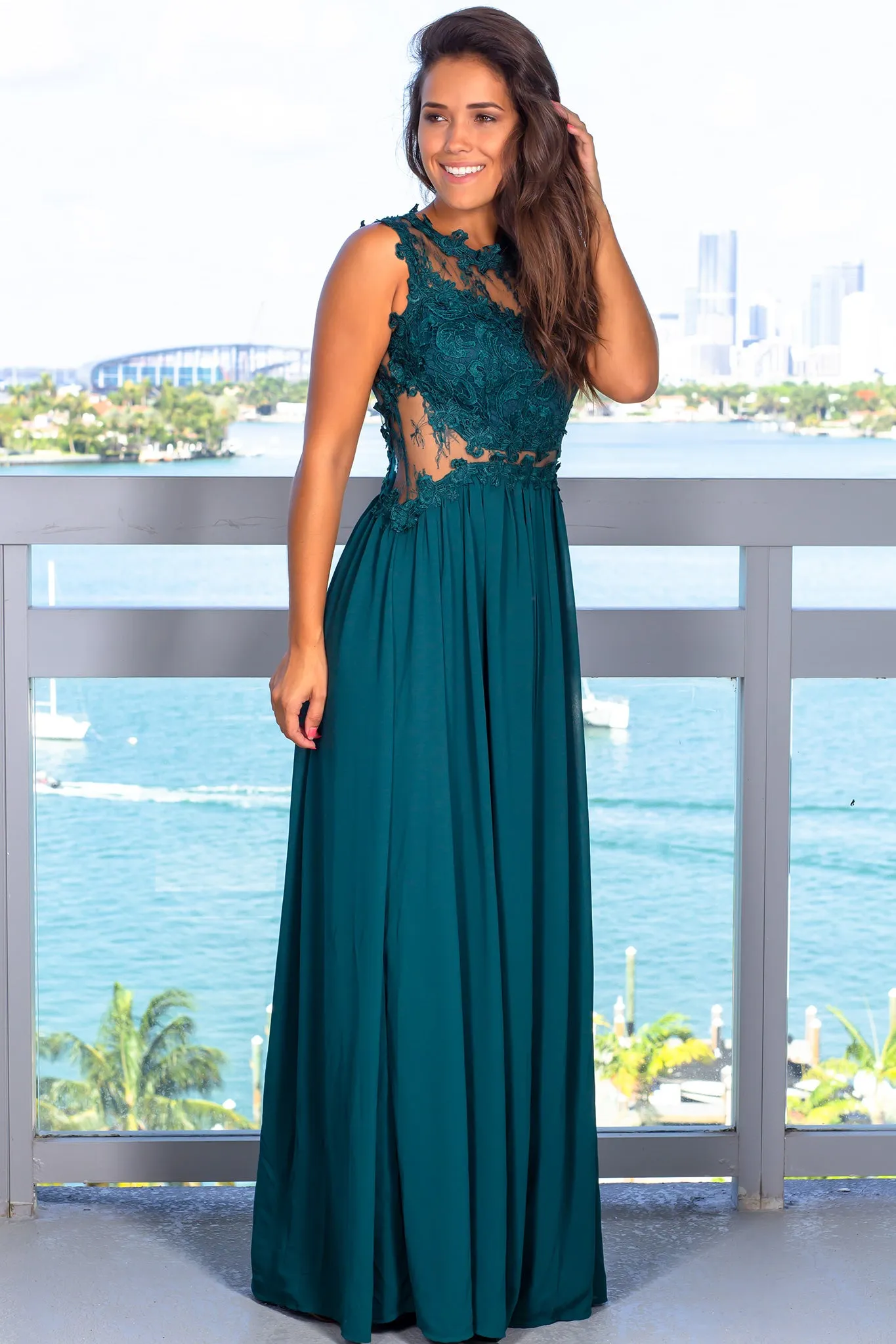 Hunter Green Lace Top Maxi Dress