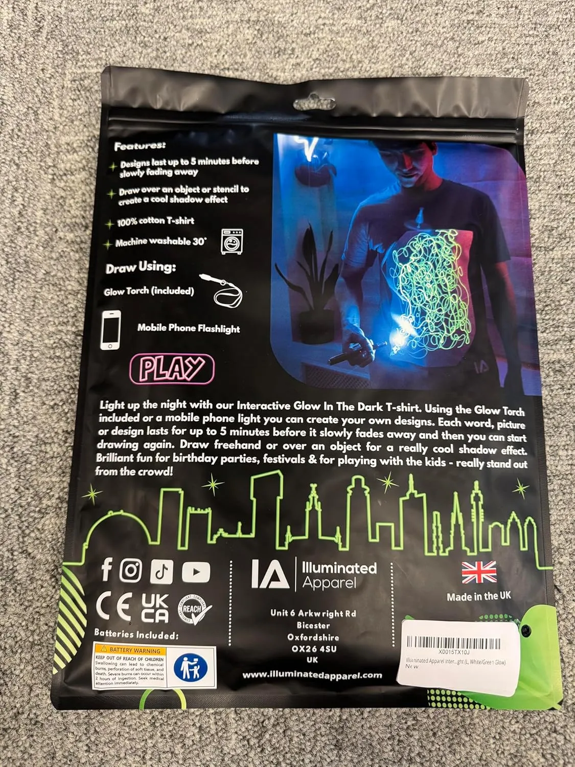 Illuminated Apparel Original Interactive Glow in The Dark T-Shirt - Fun for Birthday Parties & Festivals