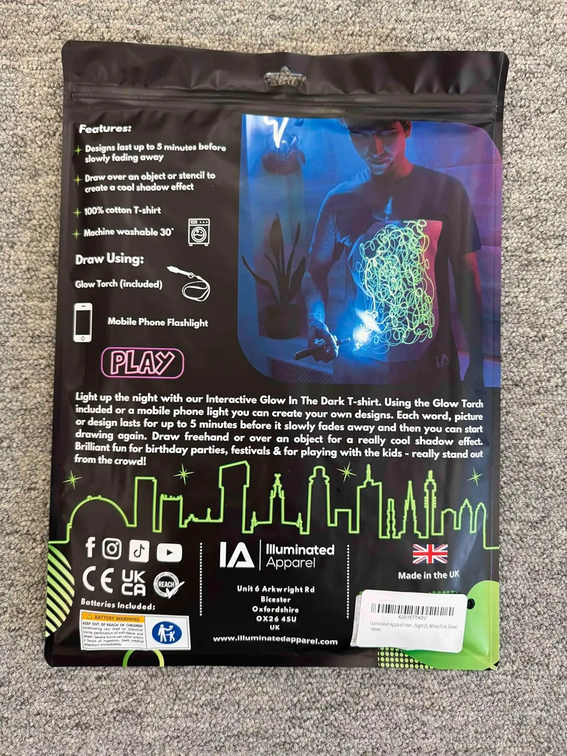 Illuminated Apparel Original Interactive Glow in The Dark T-Shirt - Fun for Birthday Parties & Festivals