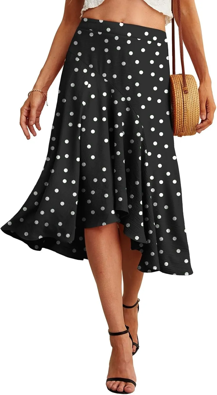 JINKESI Women's Midi Skirt Elegant Flowy Ruffle High Waist Summer Casual High Low Midi Skirts