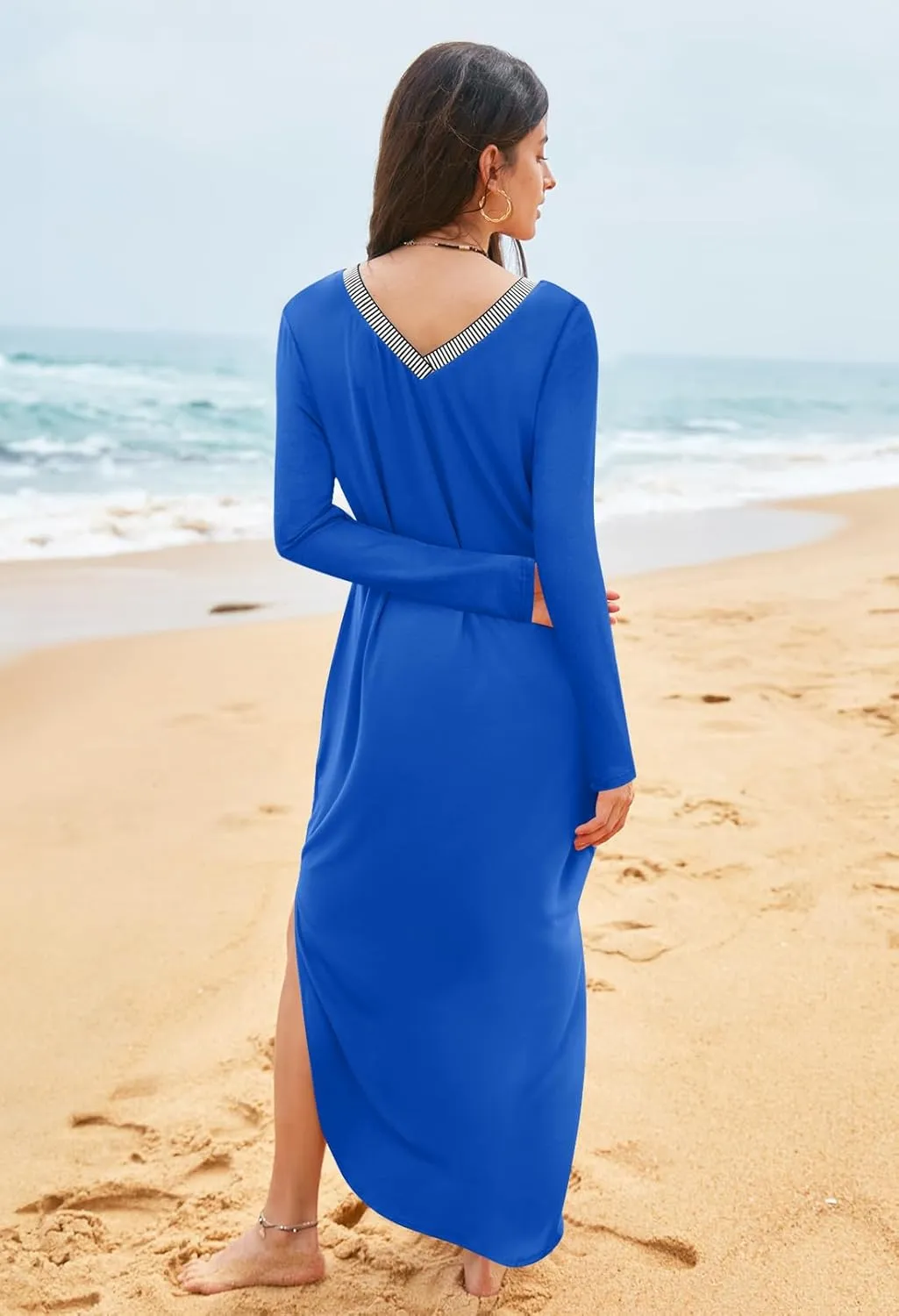 MEROKEETY Women's 2024 Fall Long Sleeve Maxi Dress V Neck Trendy Split Loose Casual Pockets Dresses