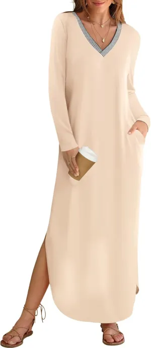MEROKEETY Women's 2024 Fall Long Sleeve Maxi Dress V Neck Trendy Split Loose Casual Pockets Dresses
