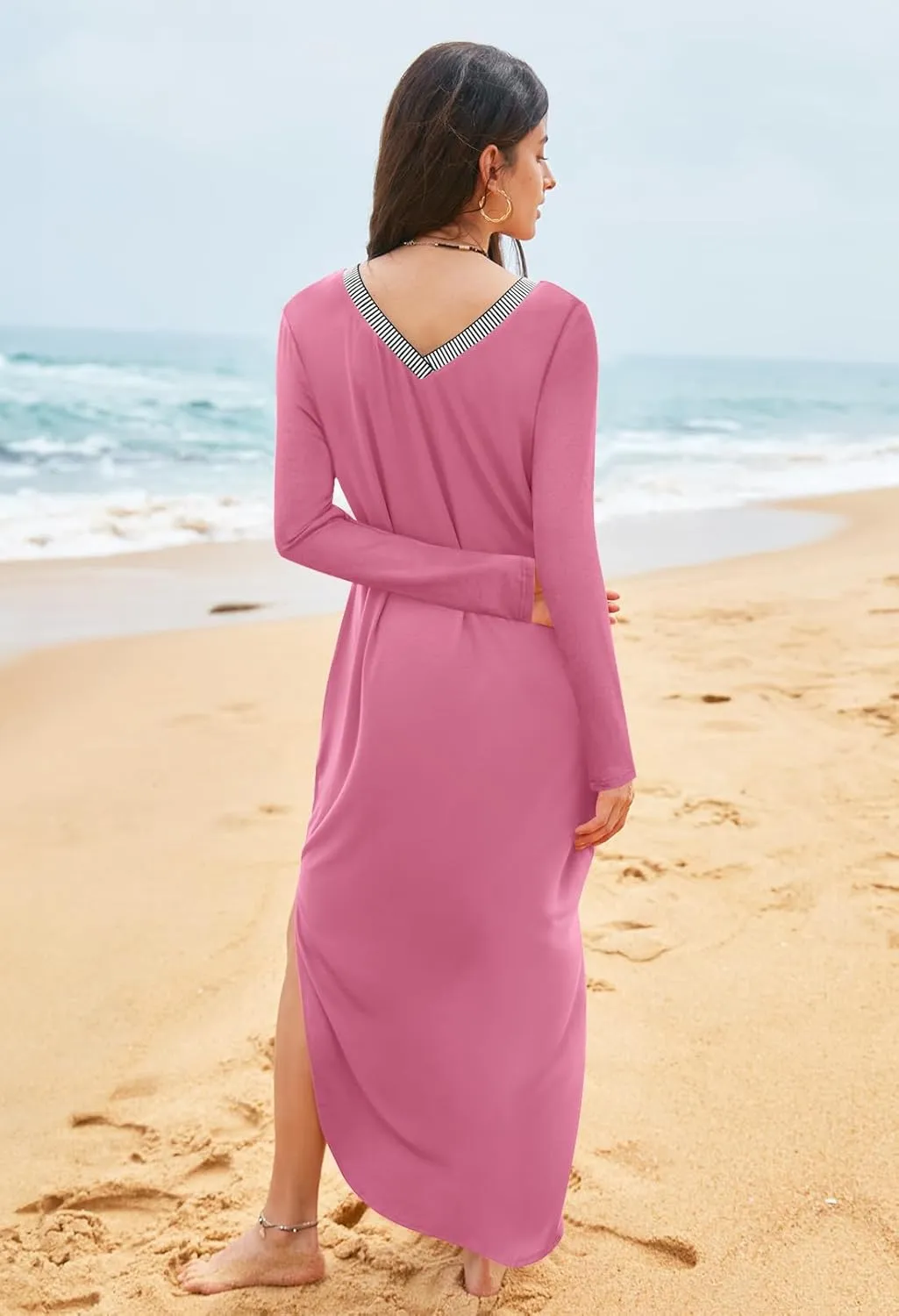 MEROKEETY Women's 2024 Fall Long Sleeve Maxi Dress V Neck Trendy Split Loose Casual Pockets Dresses