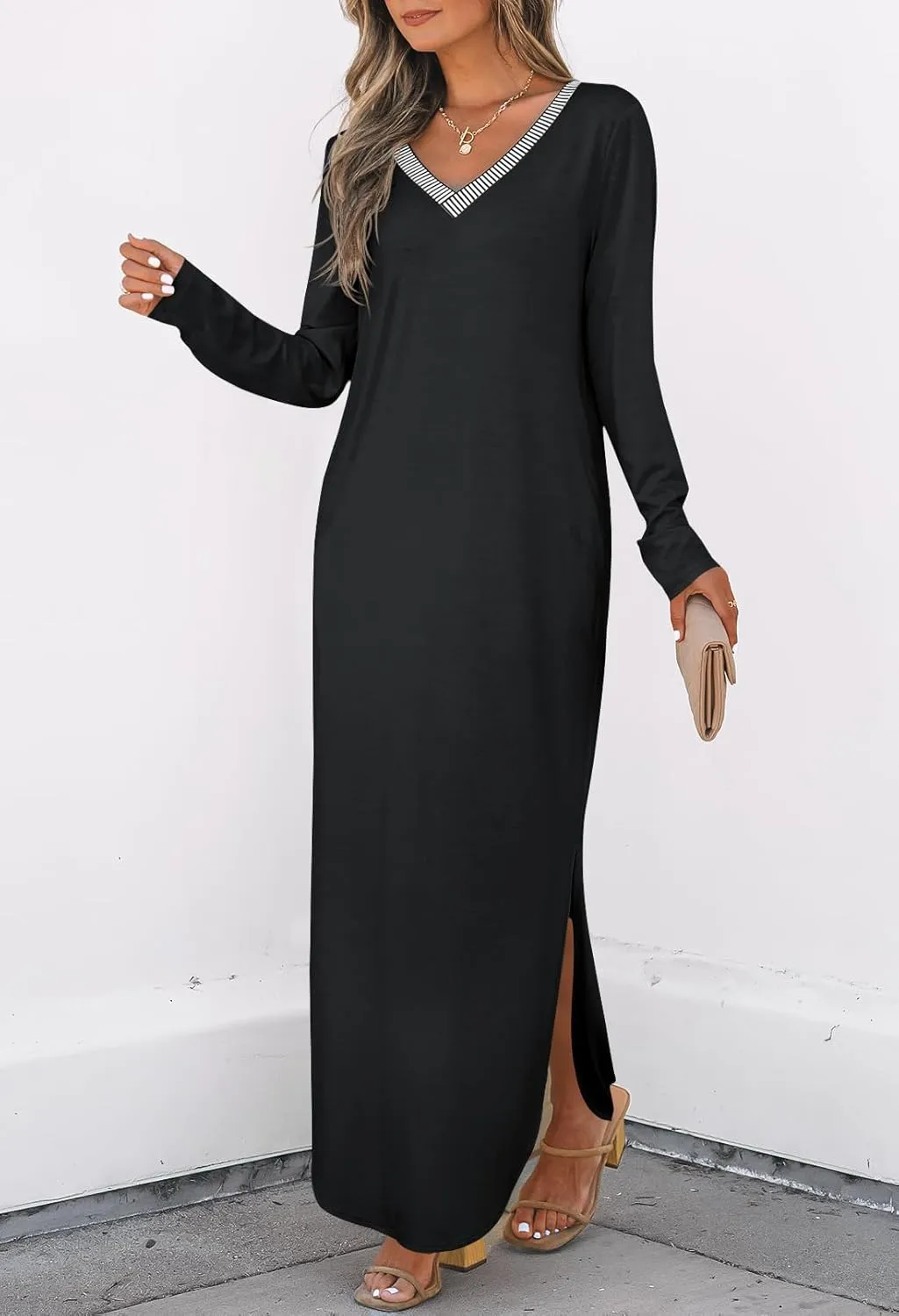 MEROKEETY Women's 2024 Fall Long Sleeve Maxi Dress V Neck Trendy Split Loose Casual Pockets Dresses