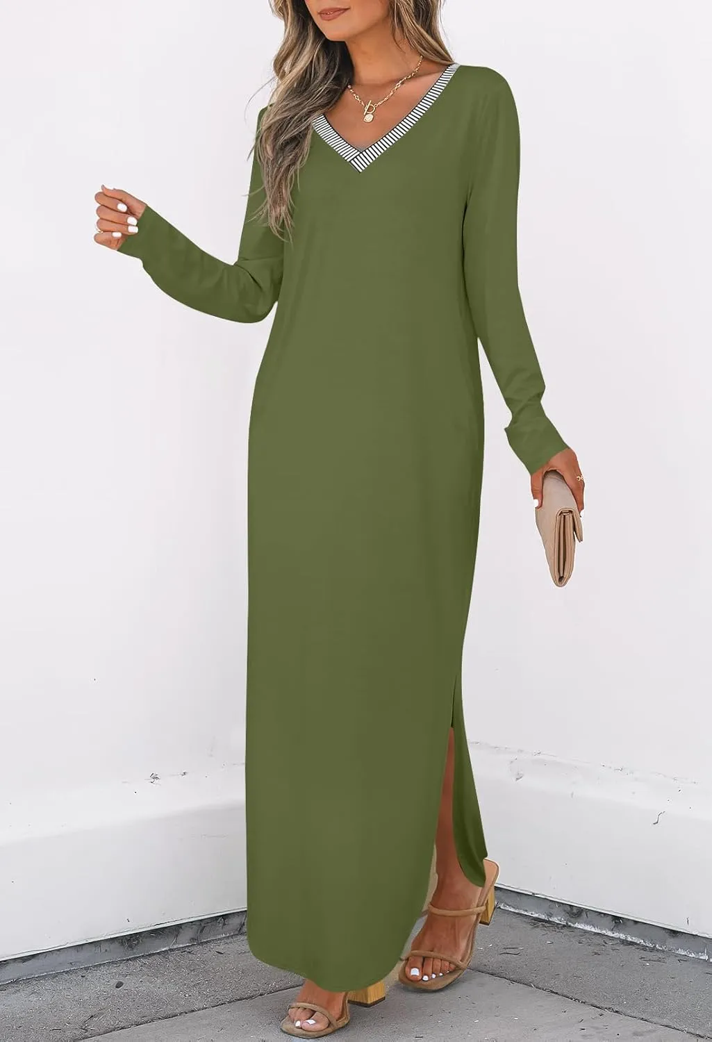MEROKEETY Women's 2024 Fall Long Sleeve Maxi Dress V Neck Trendy Split Loose Casual Pockets Dresses