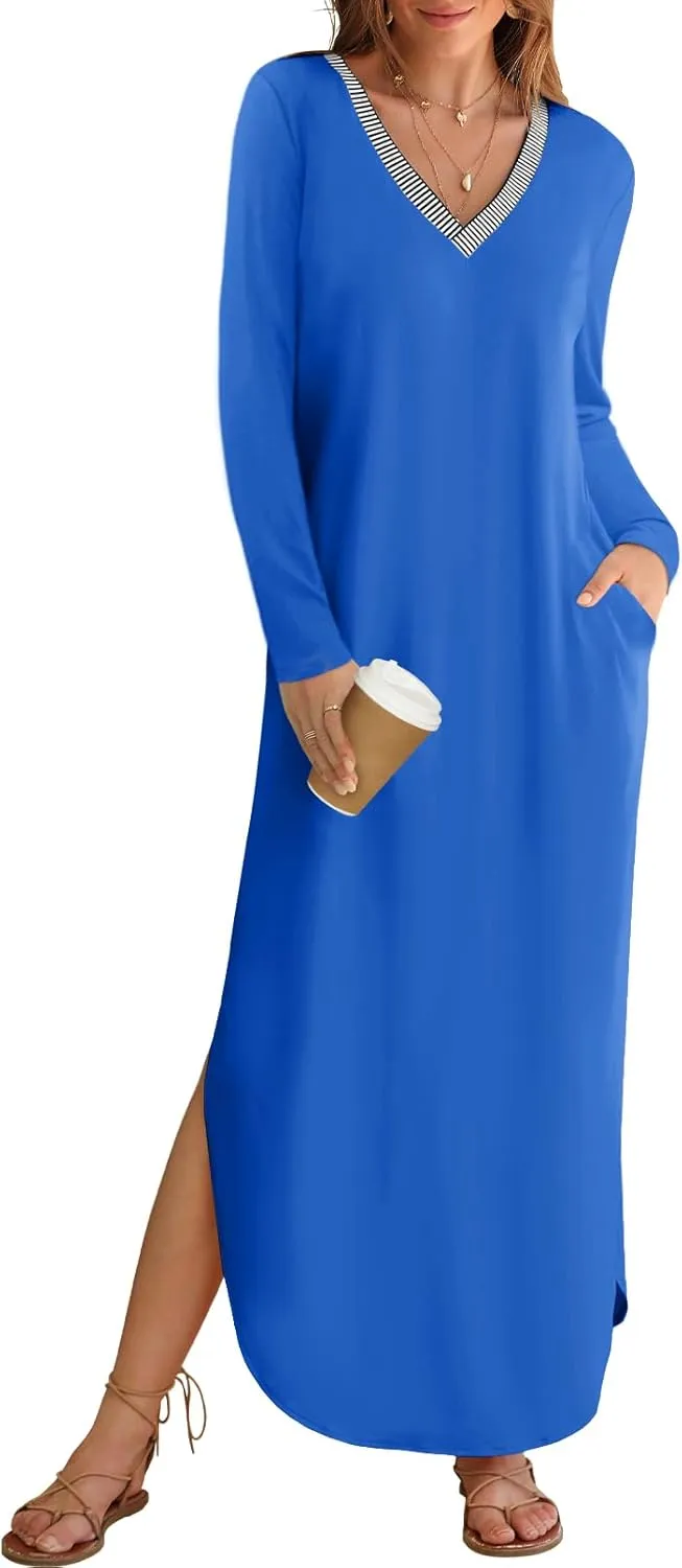 MEROKEETY Women's 2024 Fall Long Sleeve Maxi Dress V Neck Trendy Split Loose Casual Pockets Dresses