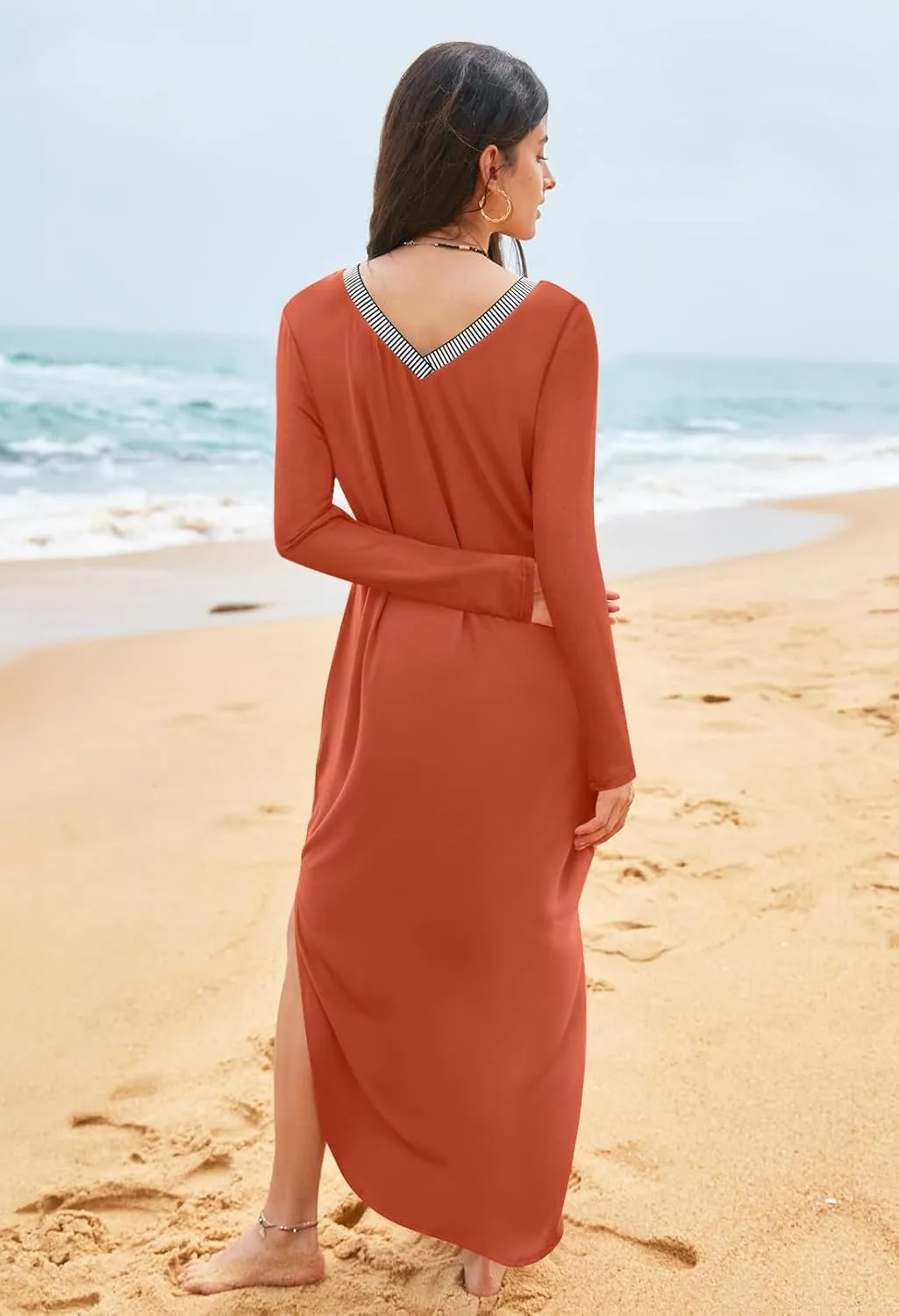 MEROKEETY Women's 2024 Fall Long Sleeve Maxi Dress V Neck Trendy Split Loose Casual Pockets Dresses