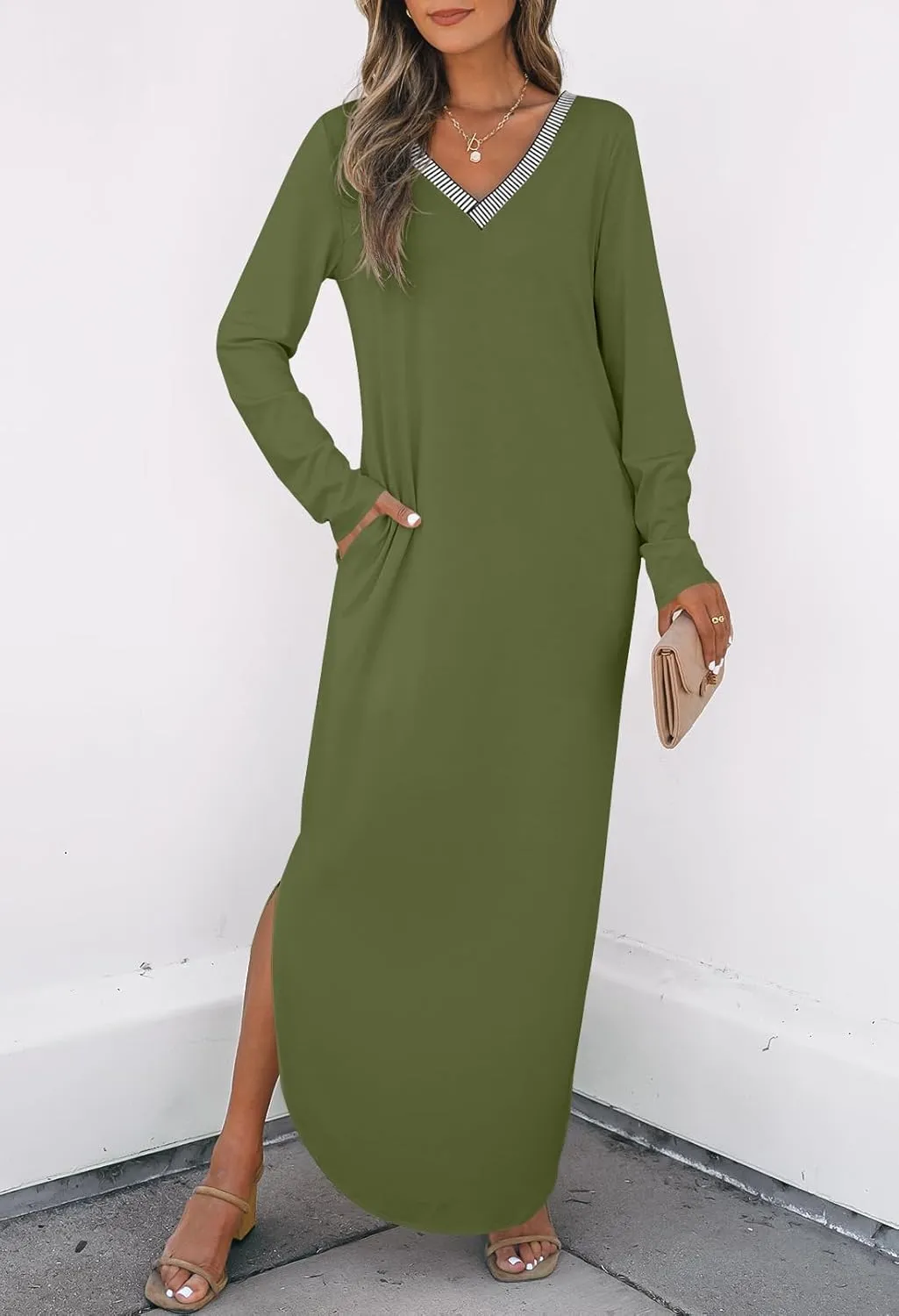 MEROKEETY Women's 2024 Fall Long Sleeve Maxi Dress V Neck Trendy Split Loose Casual Pockets Dresses